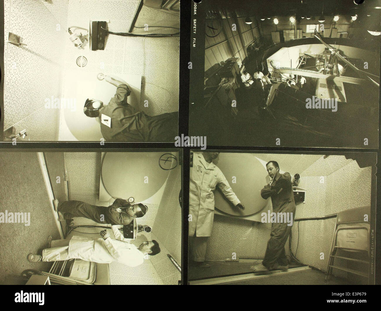 Dieses Bild aus den 1960er Jahren zeigt den rotierenden Raum im Werk Convair/General Dynamics, ein Schlüsselelement bei der Entwicklung und Erprobung der Luft- und Raumfahrttechnologie. Der rotierende Raum wurde zur Simulation verschiedener Flugbedingungen genutzt und spielte eine wichtige Rolle in der Luft- und Raumfahrtforschung und -Tests während der Weltraumrennen-Ära. Stockfoto