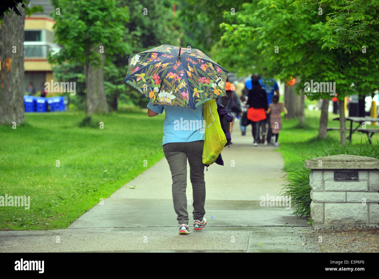 Bild einer Frau zu Fuß auf einem Weg halten einen Regenschirm in London, Ontario. Stockfoto