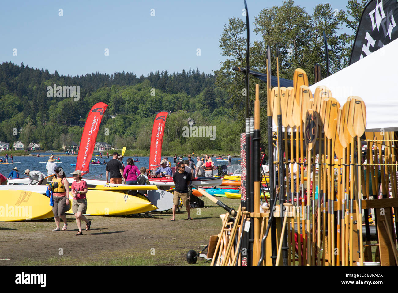 USA, US-Bundesstaat Washington. Kajaks, Paddel, Menschen im Nordwesten paddeln Festival, Lake Sammamish State Park, Issaquah, WA. Stockfoto