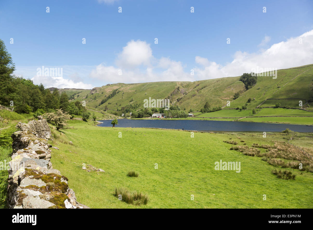 Watendlath Tarn, Borrowdale, Lake District, Großbritannien im Sommer mit Blick auf Bauernhof, Berge und blauer Himmel mit weißen flauschigen Wolken Stockfoto