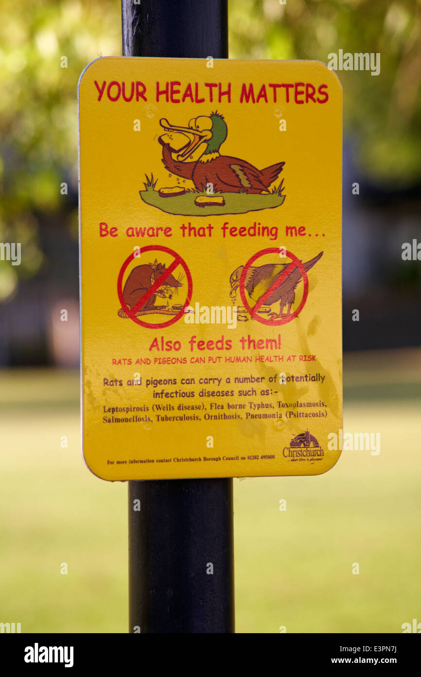 Ihre Gesundheitsfragen beachten, die Fütterung mir auch diese Zeichen Post in Christchurch, Dorset, UK ernährt sich von Stockfoto