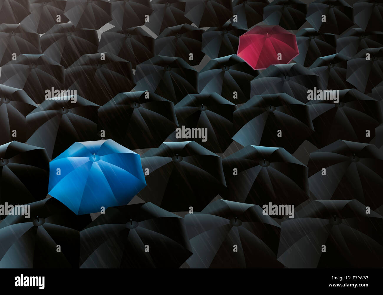 Darstellung der schwarzen Schirmen im Nieselregen. Stockfoto