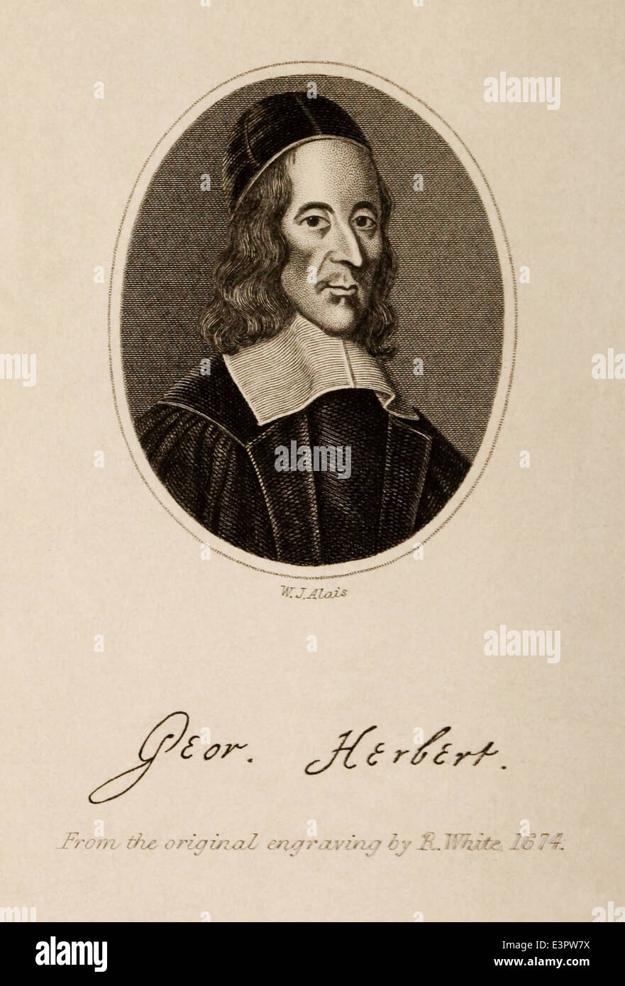 Kupferstich von George Herbert (1593-1633) Waliser Dichter und anglikanischer Priester. Stockfoto