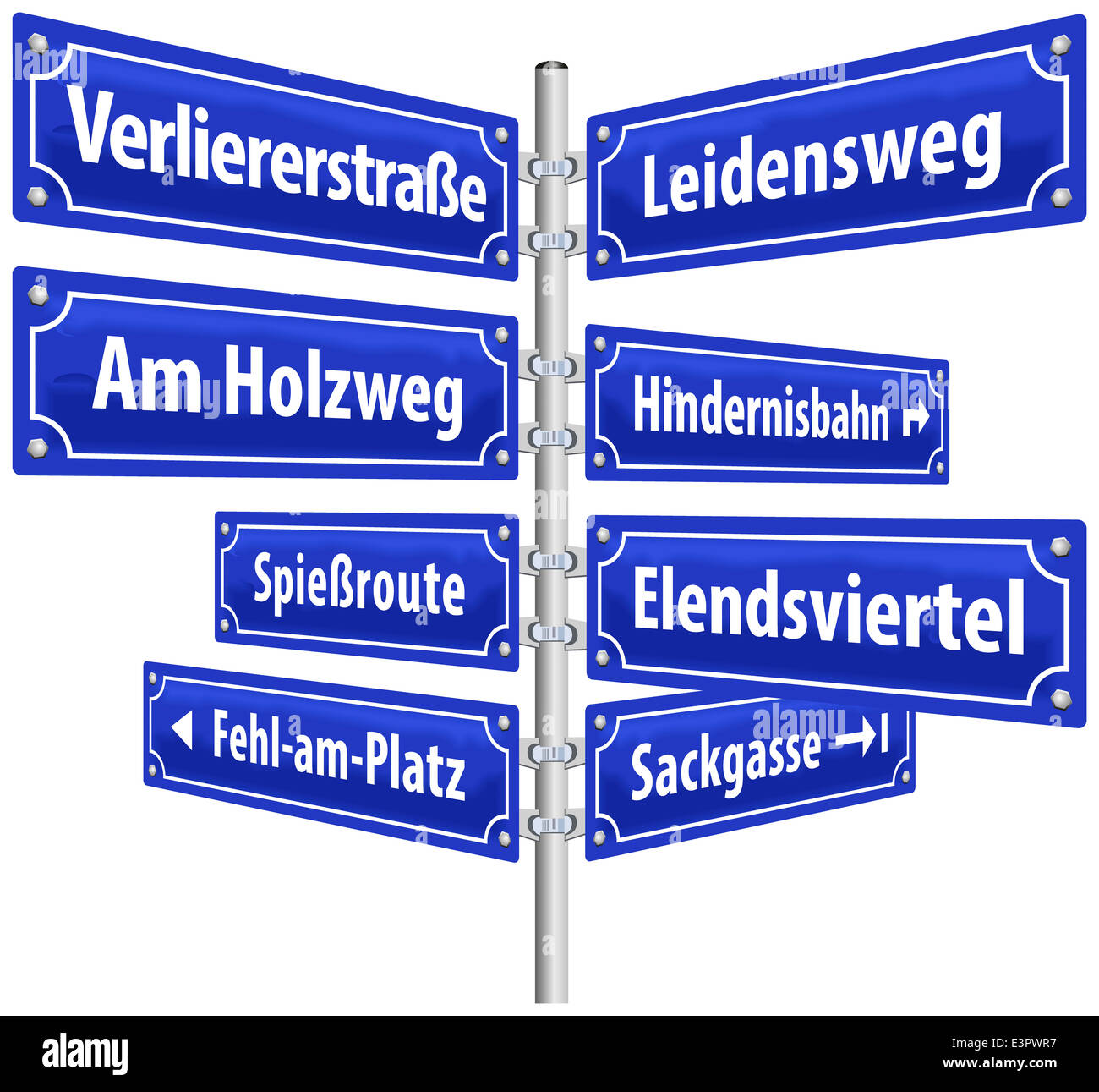 Straßenschilder mit Namen, die Lebensweise der Verlierer bedeuten. Deutsche Beschriftung! Stockfoto