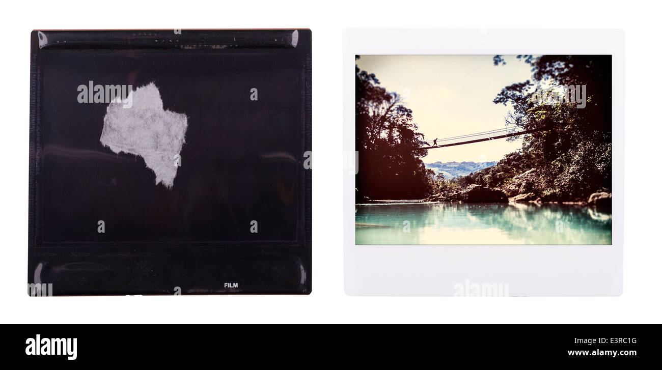 Vorder- und Rückseite ein altes Polaroid instant Reisen Foto isoliert auf weiss Stockfoto