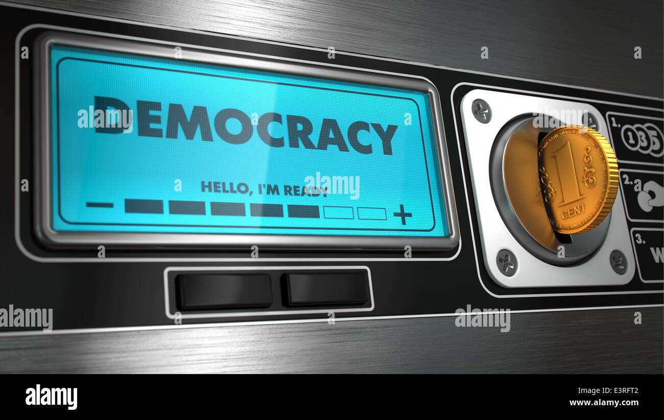 Demokratie auf dem Display des Automaten. Stockfoto
