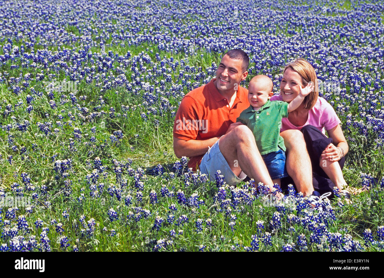 Ein junges Paar und ihre spielerische Sohn entspannen Sie an einem sonnigen Tag in einem Feld von Kornblumen, die amtliche Zustandblume von Texas, USA. -Modell veröffentlicht. Stockfoto