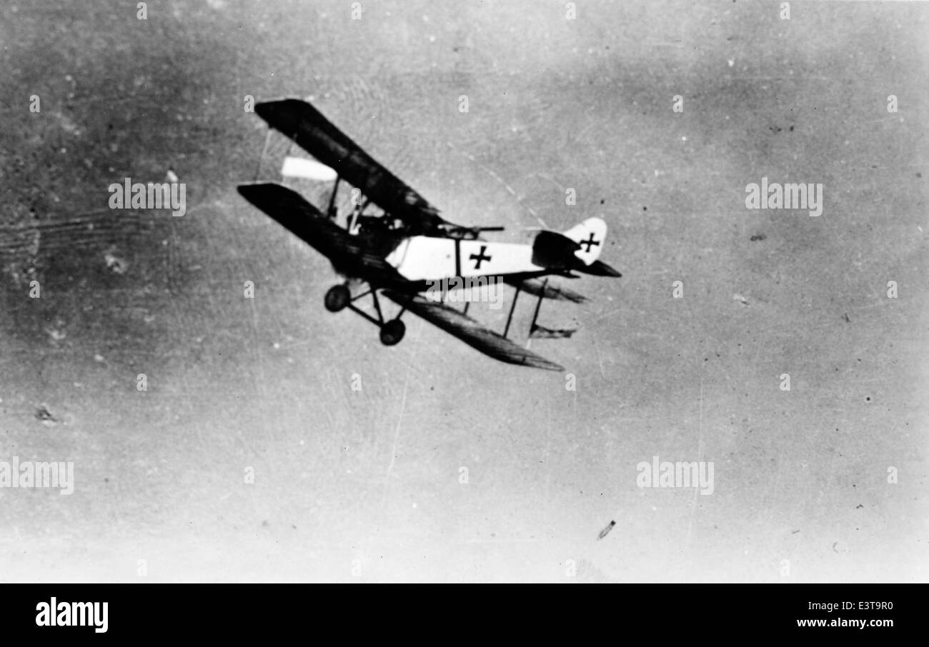 Diese Fotografie, die Teil von Lou Larsons Sammlung ist, zeigt einen deutschen Doppeldecker aus dem Ersten Weltkrieg. Das Flugzeug ist als Teil der Deutschen Luftstreitkräfte identifiziert, der Luftwaffe des Deutschen Reiches, die während des Ersten Weltkriegs eine bedeutende Rolle spielte. Der Doppeldecker ist ein Symbol für die militärische Luftfahrt des frühen 20. Jahrhunderts. Stockfoto