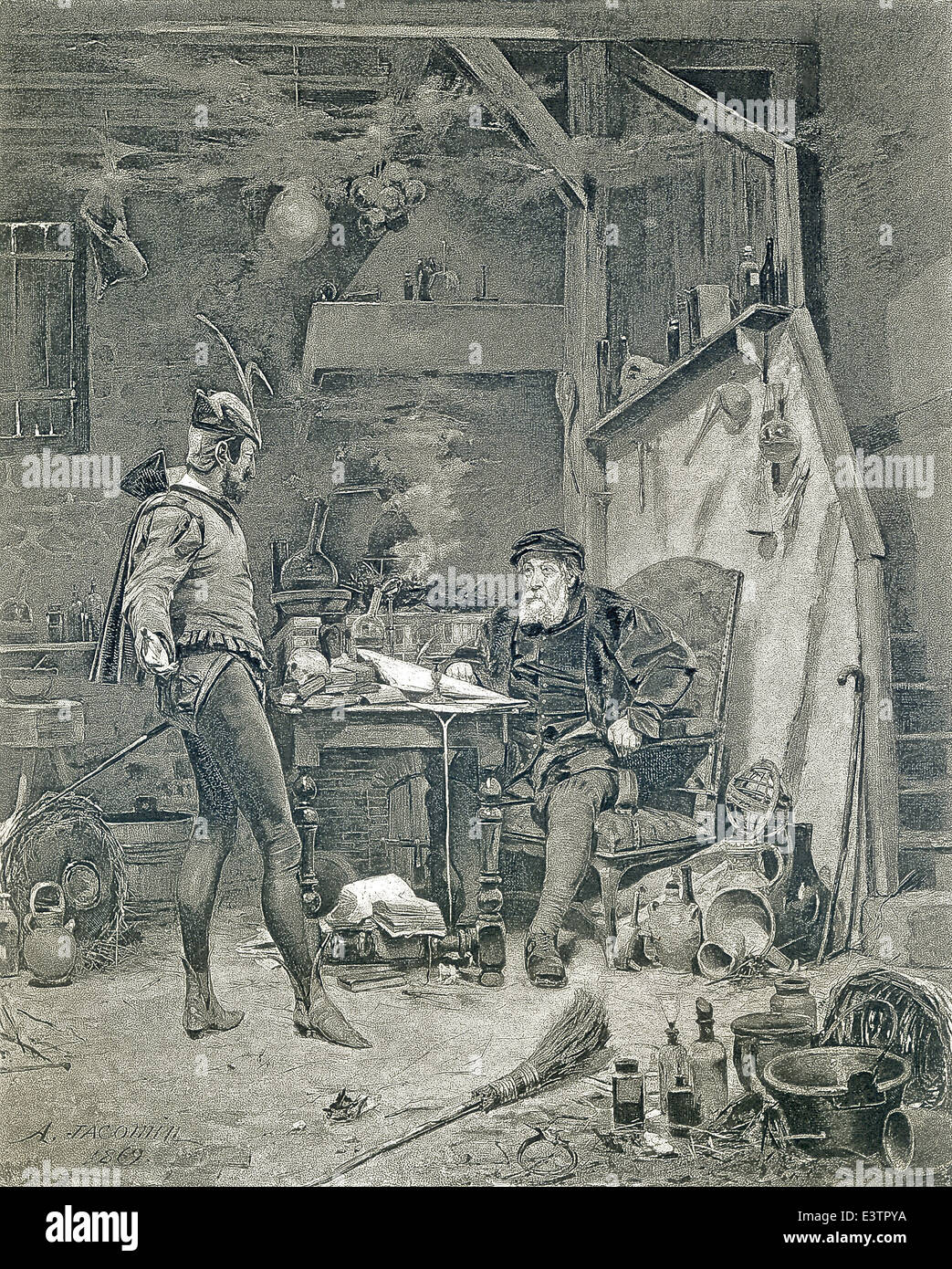 In der Faust-Legende benannt ein historischen Gelehrten Johann Georg Faust (rechts) Einsätze mit dem Teufel seine Seele. Stockfoto