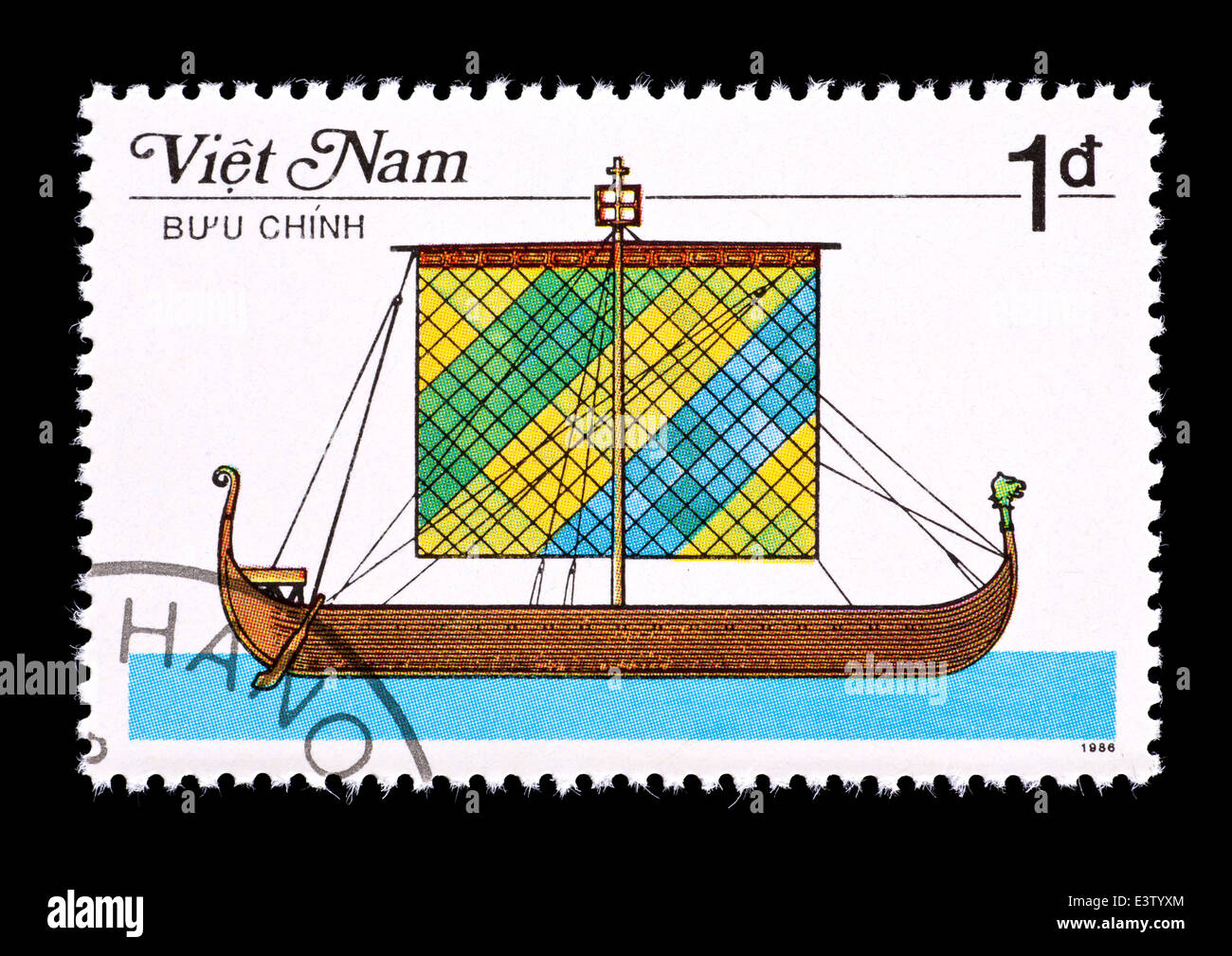 Briefmarke aus Vietnam Darstellung ein antikes Schiff Segel angetrieben. Stockfoto