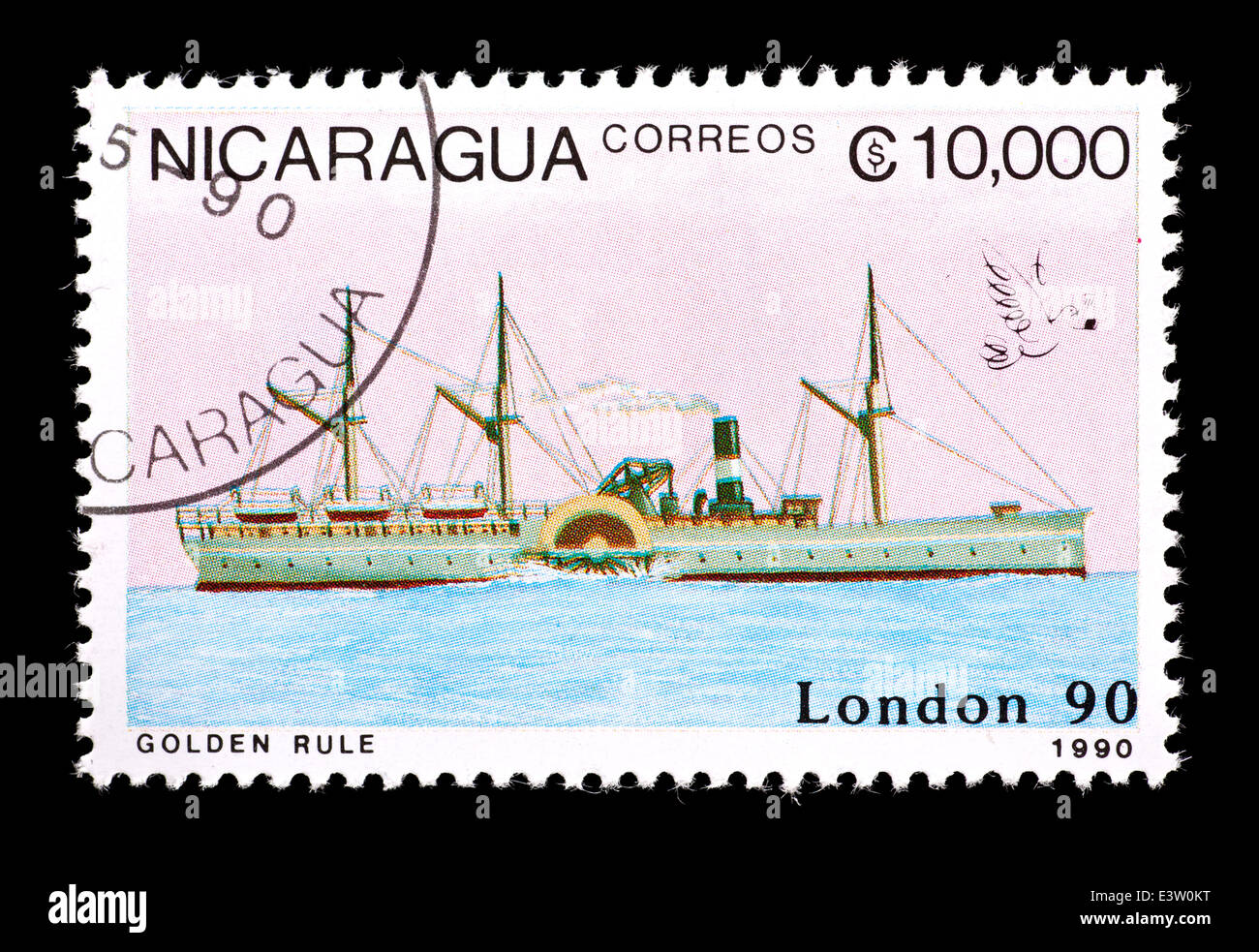 Briefmarke aus Nicarauga Darstellung der angetriebenen Schiffs goldene Regel Stockfoto