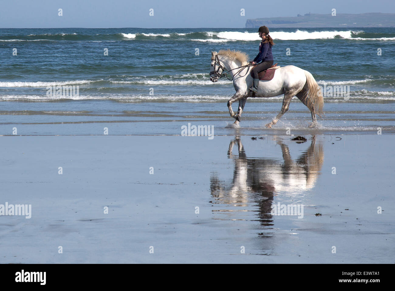 weißes Pferd und Reiter am Strand Quilty, County Clare Ireland Stockfoto