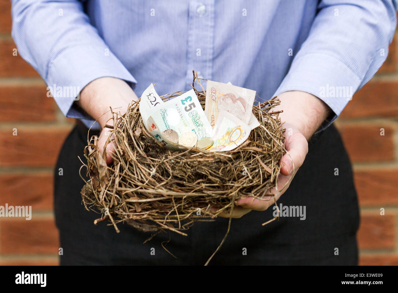 Nest mit britischen Geld gefüllt. Dieses Nest wurde eine verlassene Nest gefunden in einer Hecke, die entfernt wurde. Stockfoto