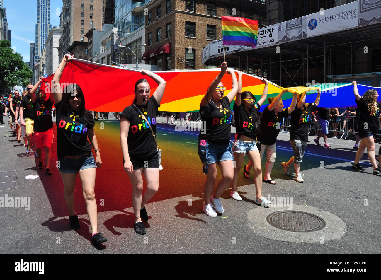 NYC: Demonstranten tragen eine riesige Regenbogenfahne am 2014-Gay-Pride-Parade auf der Fifth Avenue Stockfoto