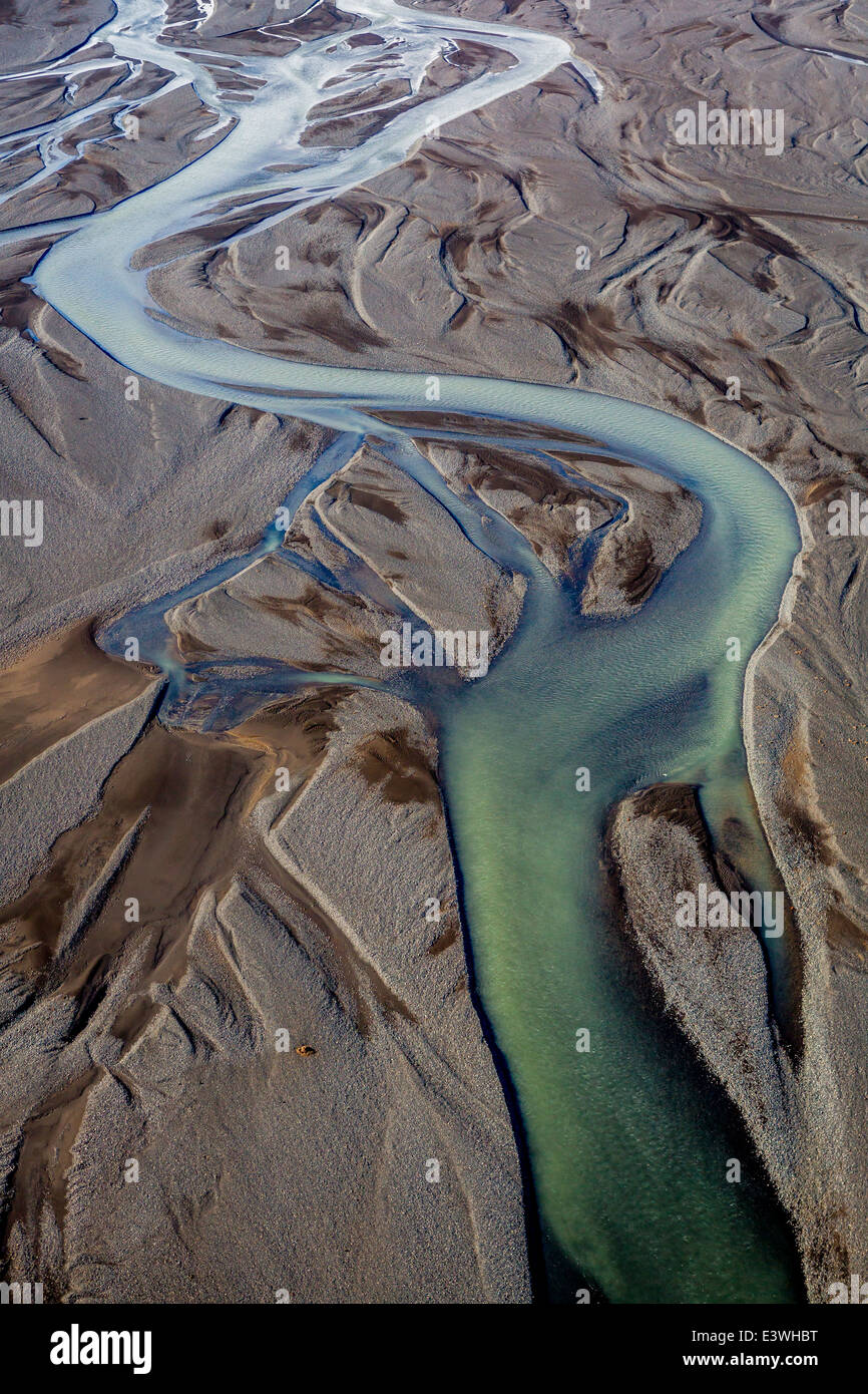 Luftaufnahme des Flusses Markarfljót, Markarfljotsaurar Sander Ebene, South Coast, Island Stockfoto