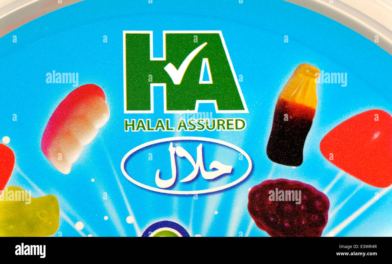 Halal versichert-Logo auf einer Wanne mit Süßigkeiten Süßigkeiten Stockfoto