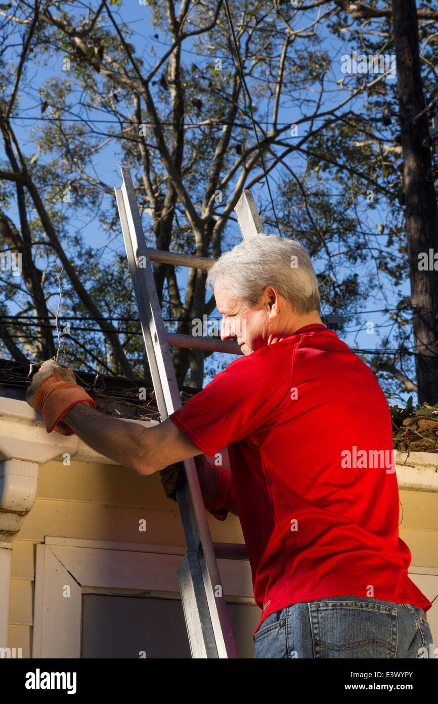 Reifer Mann Reinigung Haus Dachrinnen, USA Stockfoto