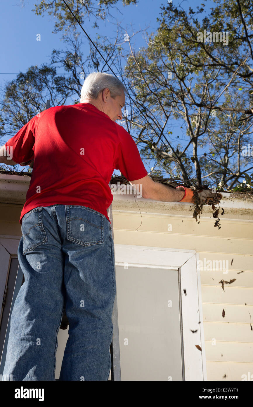 Reifer Mann Reinigung Haus Dachrinnen, USA Stockfoto