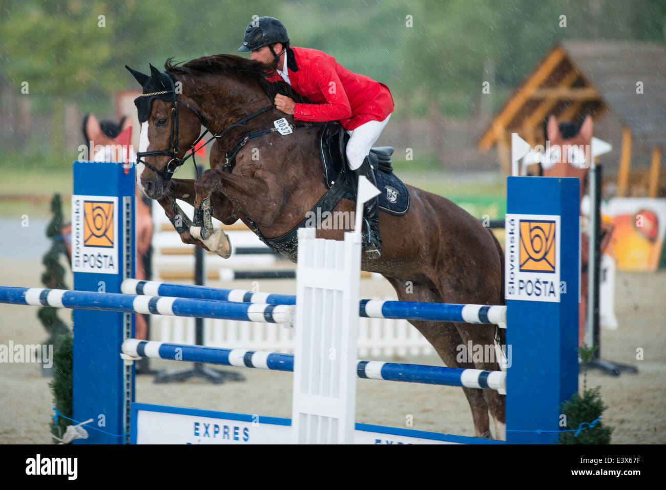 PEZINOK, Slowakei - 29 Juli Viliam Nasticky jr am Pferd Carthpilon überspringt Hürde auf Rozalka WM 2014 in Pezinok, Slowakei Stockfoto