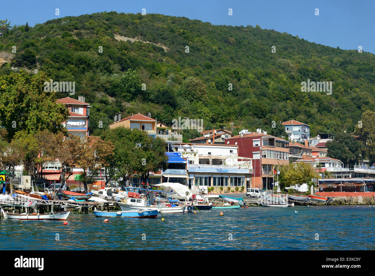 Ansicht des Dorfes von Rumeli Kavagi vom Bosporus, Sariyer, Istanbul, Europäische Side, Türkei Stockfoto