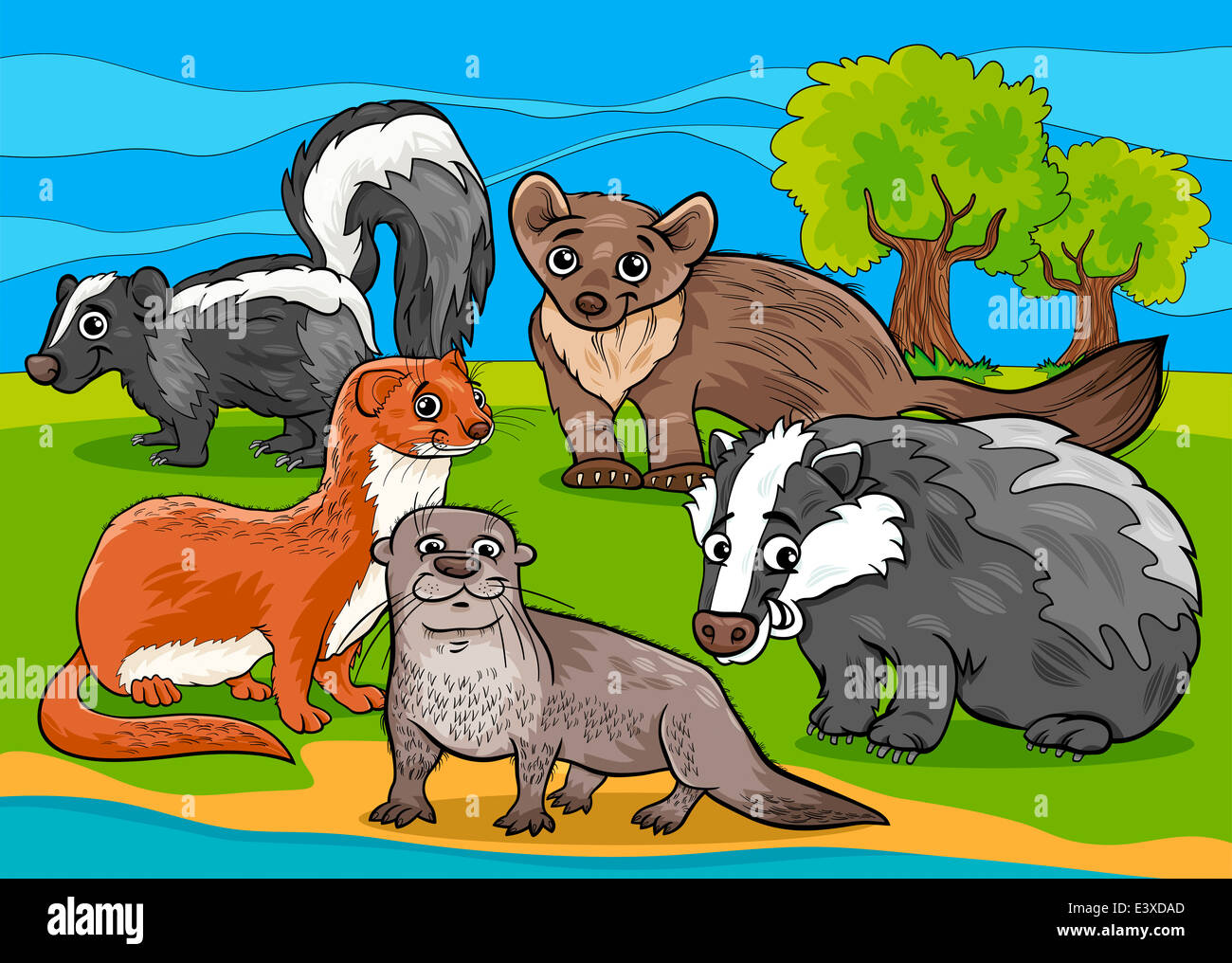 Cartoon Illustrationen von Funny Mardern Säugetiere Tiere Maskottchen Characters Group Stockfoto