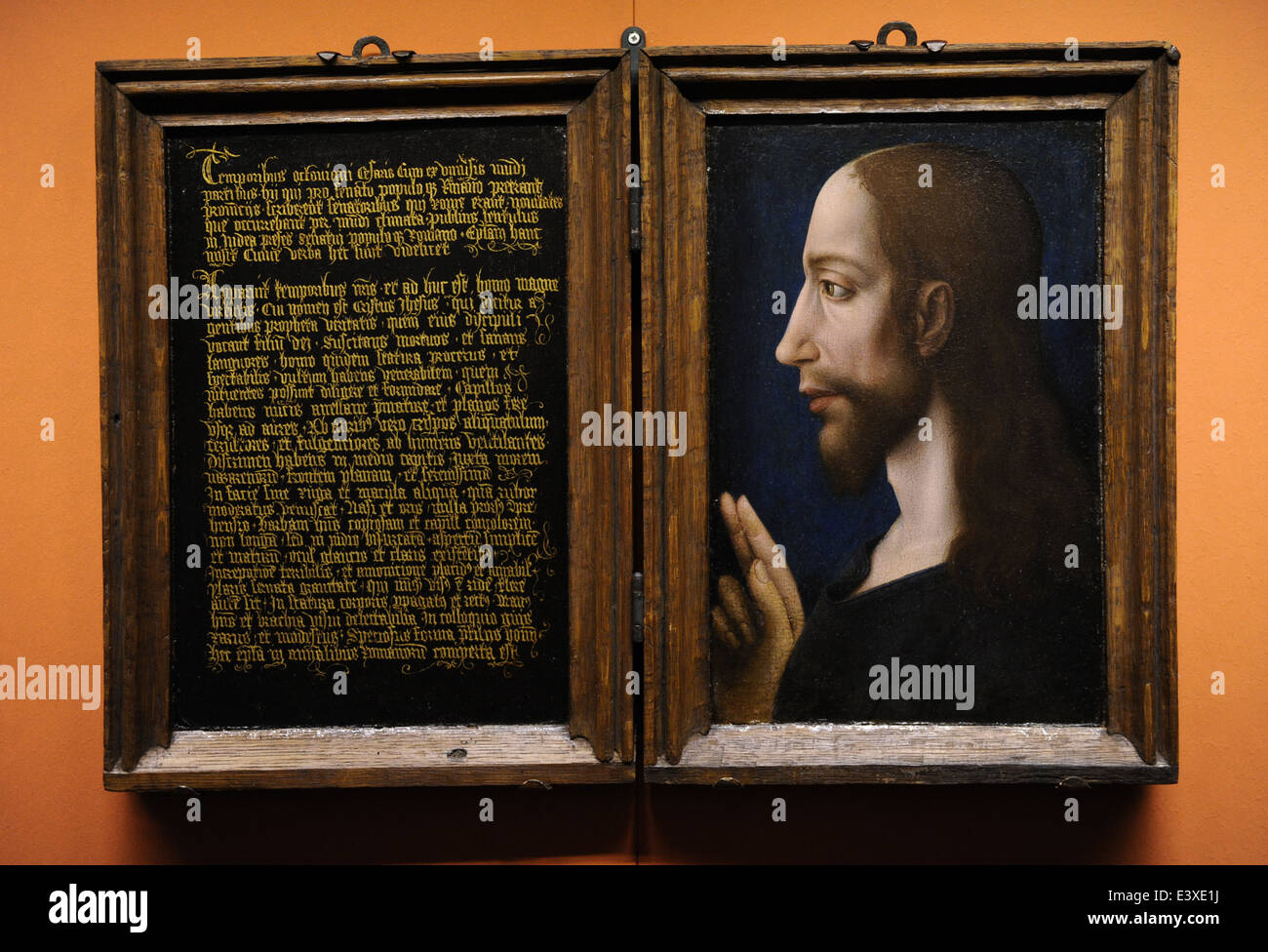 Malen mit zwei Türen. Schrift und Porträt von Christus. 1490-1500-Zuid-Holland. Catharijneconvent Museum. Utrecht. Stockfoto