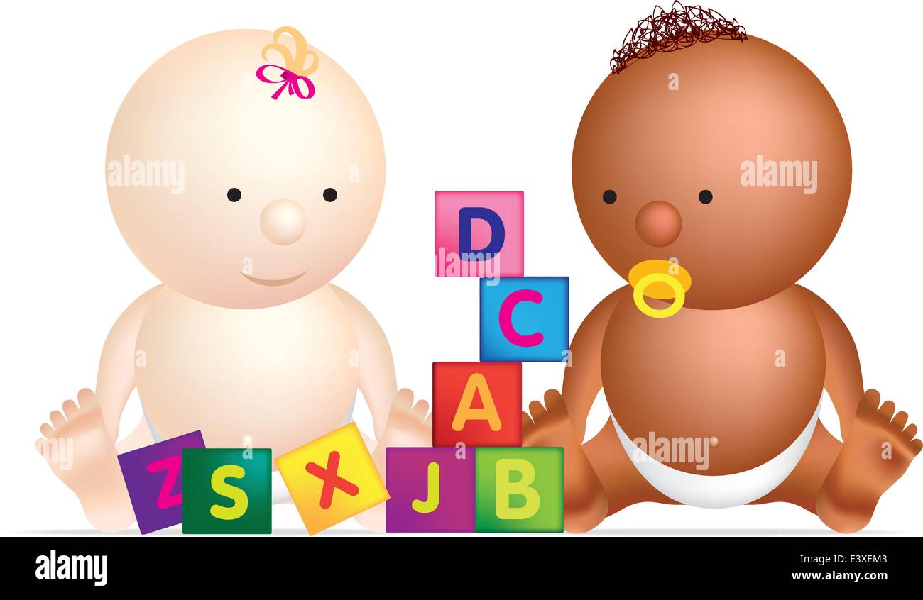 2 Babys spielen mit Bausteinen mit Buchstaben auf Stock Vektor