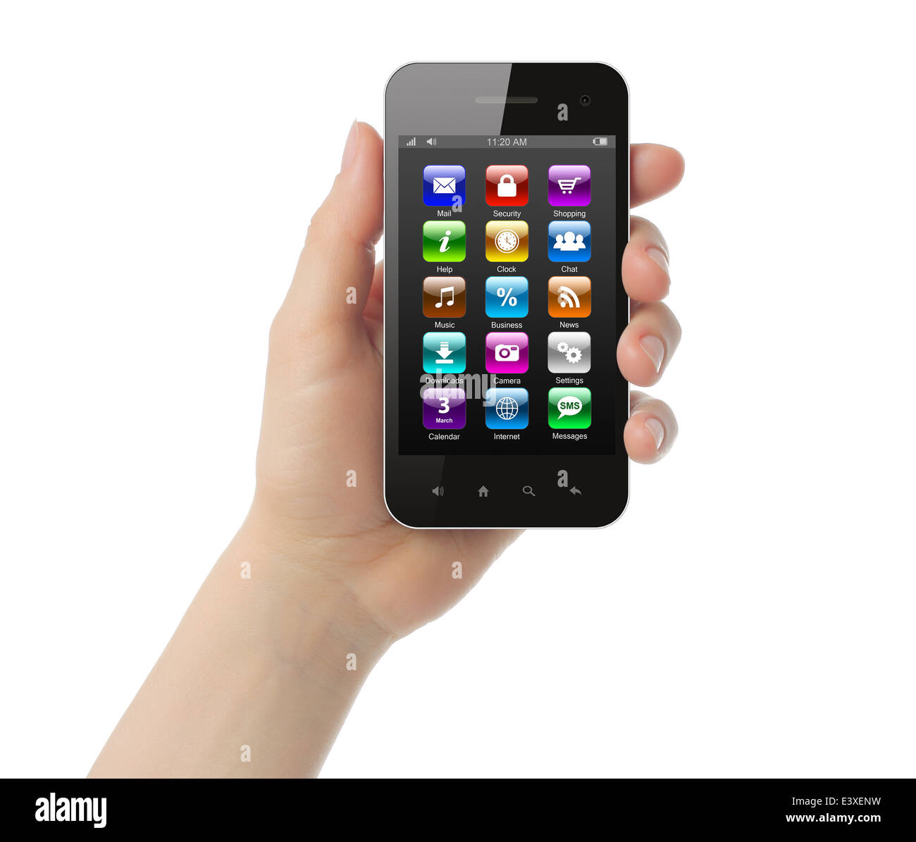 Frau Hand hält smart phone mit Symbolen auf weißem Hintergrund Stockfoto