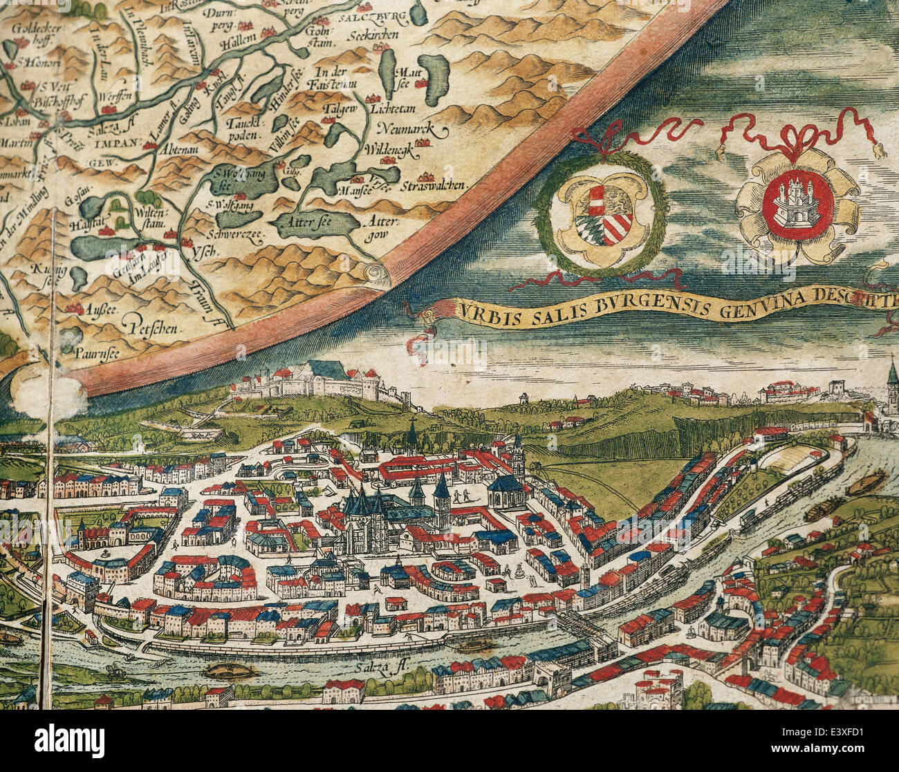 Blick auf Salzburg und Umgebung. Theatrum Orbis Terrarum von Abraham Ortelius (1527-1598). Erste Ausgabe. Antwerpen, 1574. Stockfoto