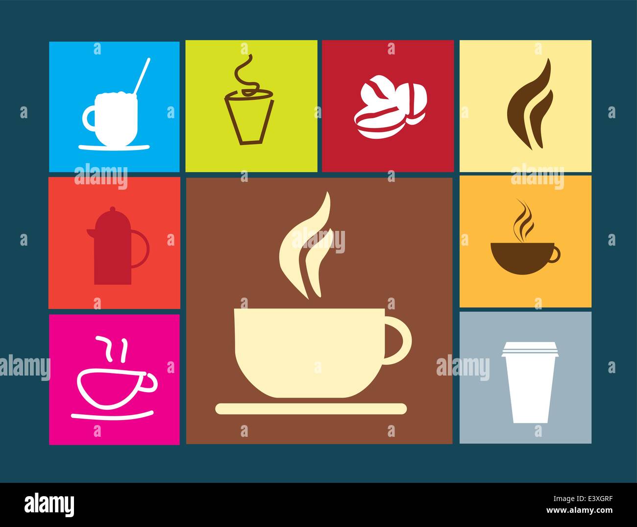 Auswahl der Symbole oder Icons für Kaffee und Coffee-Shops, die isoliert auf farbigen flache Tasten Stock Vektor