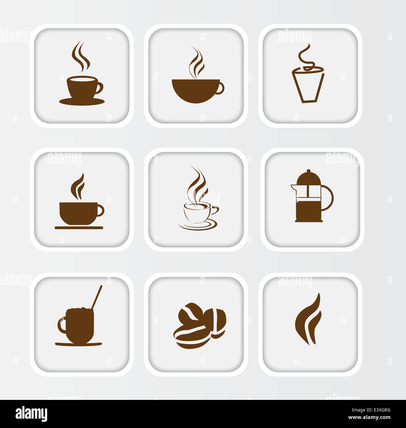 Auswahl der Symbole oder Icons für Kaffee und Coffee-Shops, die isoliert auf weiße flache Knöpfe mit Schatten nach innen Stock Vektor