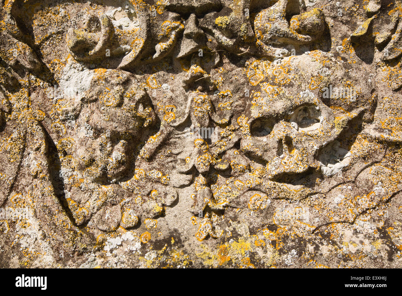 UK England, Suffolk, Lavenham, Pfarrei Kirchhof, Flechten bedeckten Schädel und Cherub Motiv auf Grabstein Stockfoto