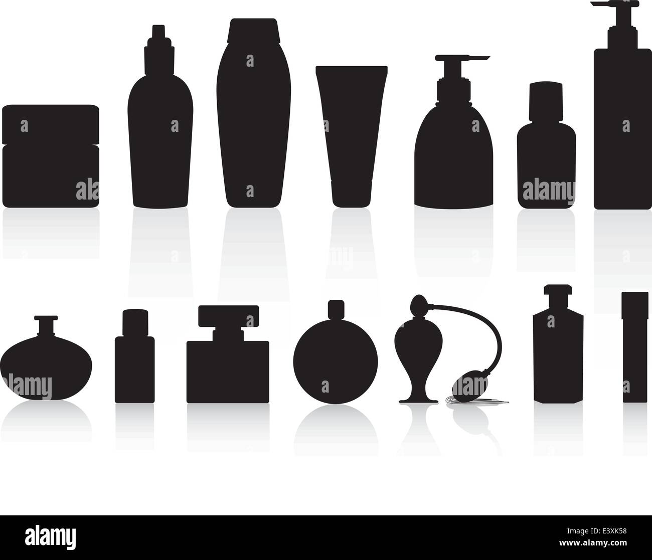 Schönheit, Parfüm, Lotionen und Tränke Produkt Flaschen als schwarze detaillierte Vector Silhouetten Stock Vektor