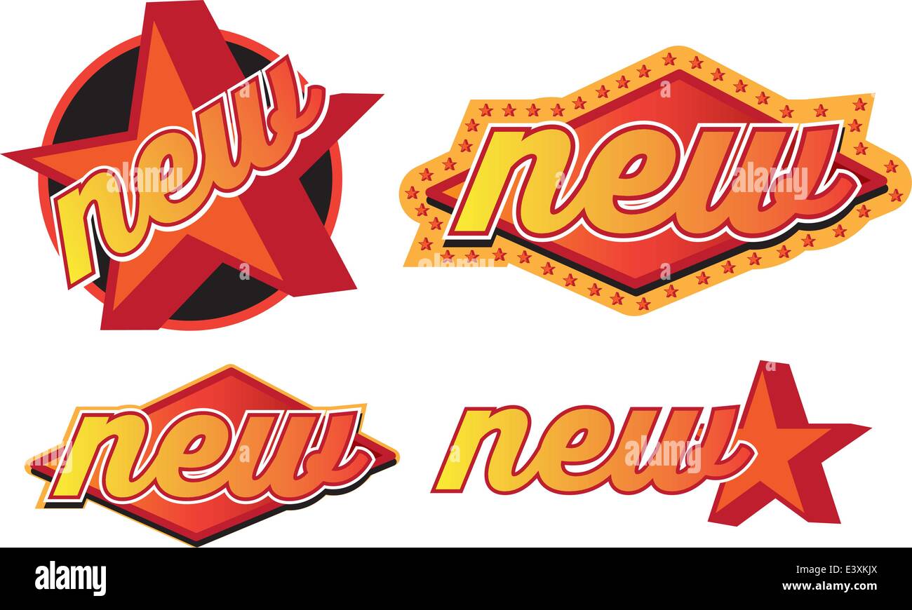 Neue Abzeichen, verschiedene Designs, die isoliert auf weißem Hintergrund, in ein Retro-Vintage-Stil der 1950er Jahre Stock Vektor