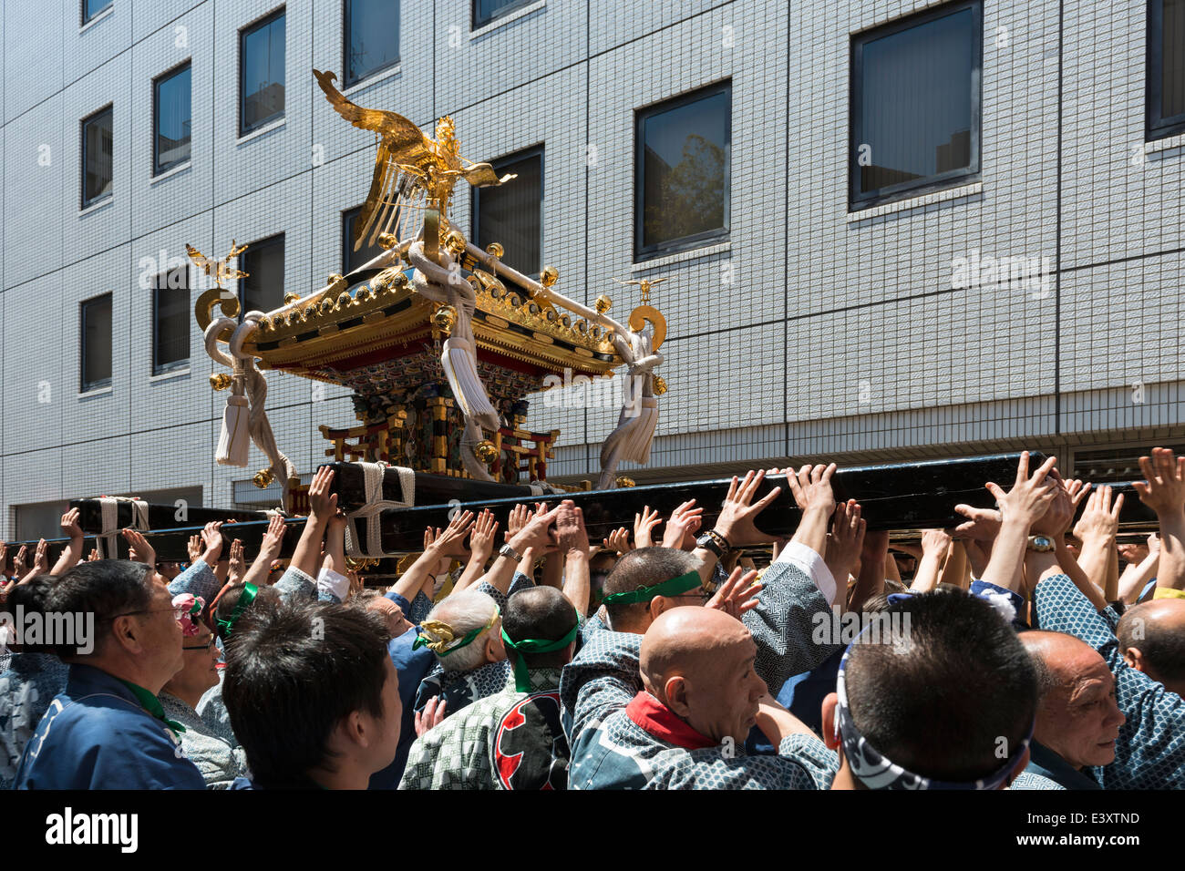 Mikoshi durchgeführt, bei der jährlichen Festival Teppozu Inari Schrein, Chuo-Ku, Tokyo, Japan Stockfoto