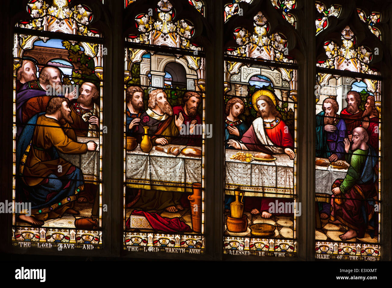 Str. Marys Kirche, letzte Abendmahl Glasfenster, Bury St Edmunds, Suffolk, UK England Stockfoto