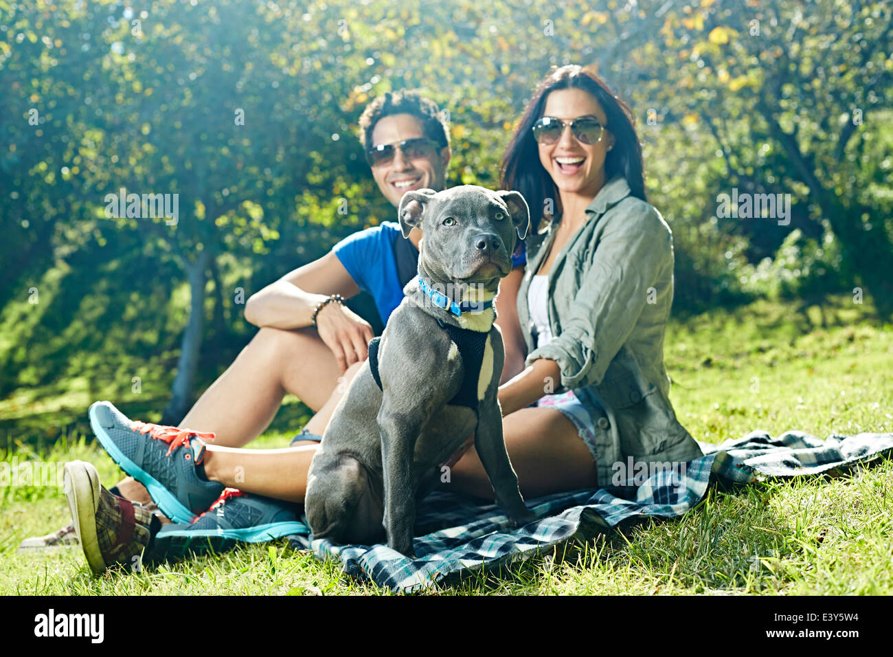 Porträt von Ehepaar und Hund sitzt auf der Picknickdecke im park Stockfoto