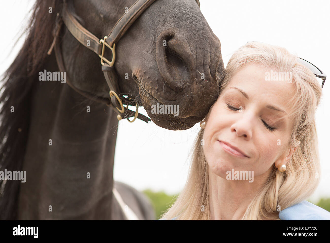 Nahaufnahme des Pferdes Reife Frau Gesicht berühren beschnitten Stockfoto