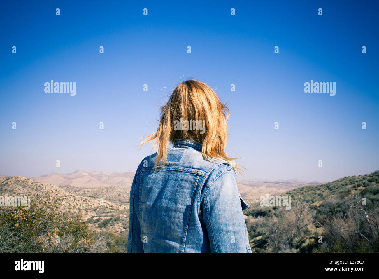 Ansicht von hinten Mitte erwachsenen Frau anzustarren Ansicht, Lake Arrowhead, Kalifornien, USA Stockfoto