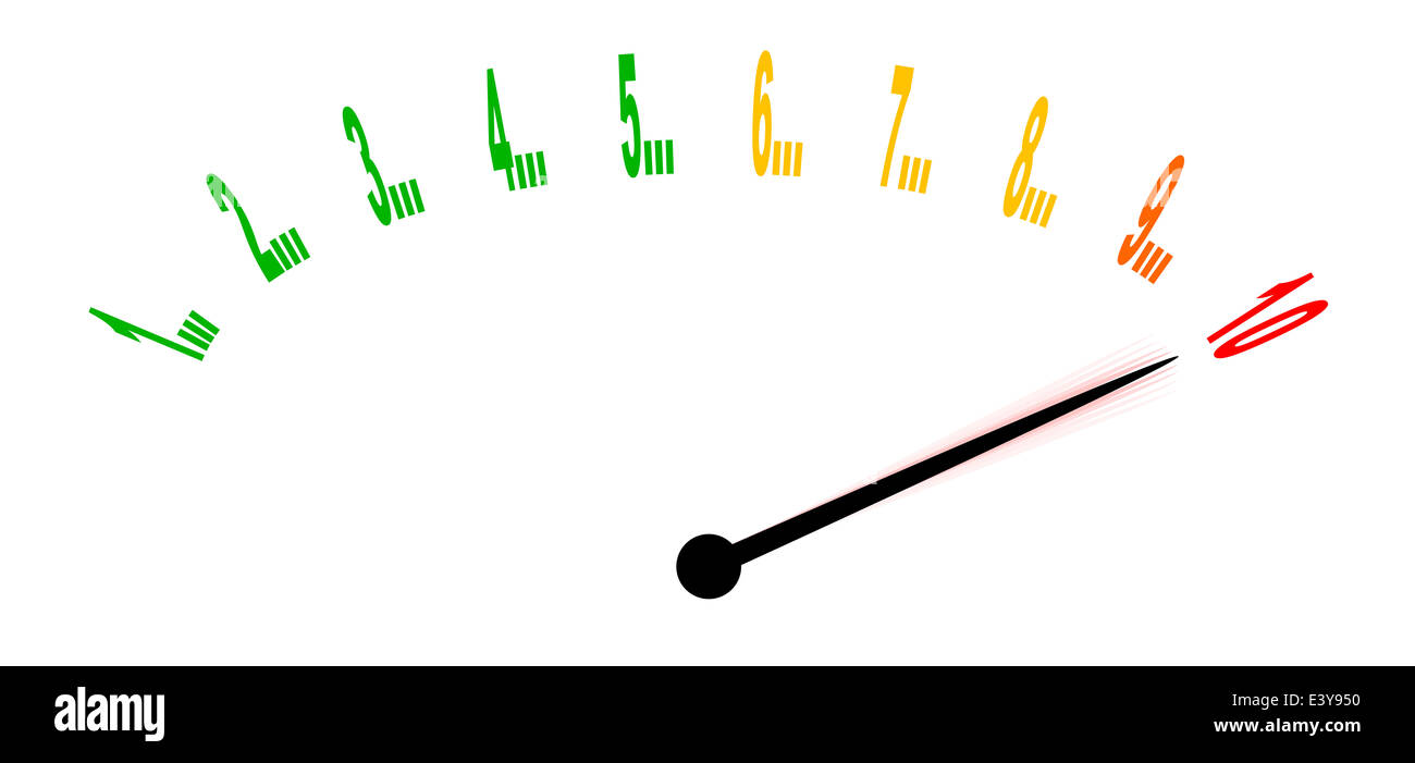 Null bis zehn Messen registrieren um zehn Uhr mit der Nadel vibriert - isoliert auf weißem Hintergrund Stockfoto