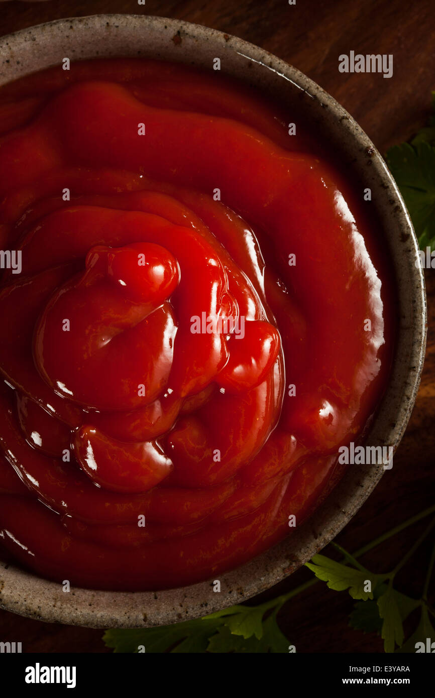 Bio rote Tomaten-Ketchup in eine Schüssel geben Stockfoto