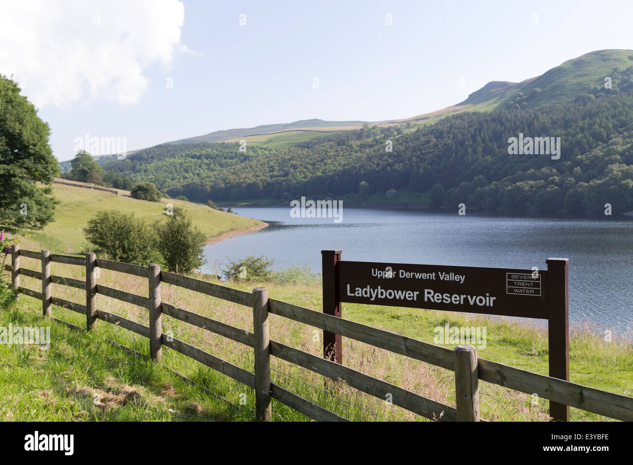 UK, Derbyshire, Upper Derwent Valley, sieben Trent Water Beschilderung für Ladybower Vorratsbehälter. Stockfoto