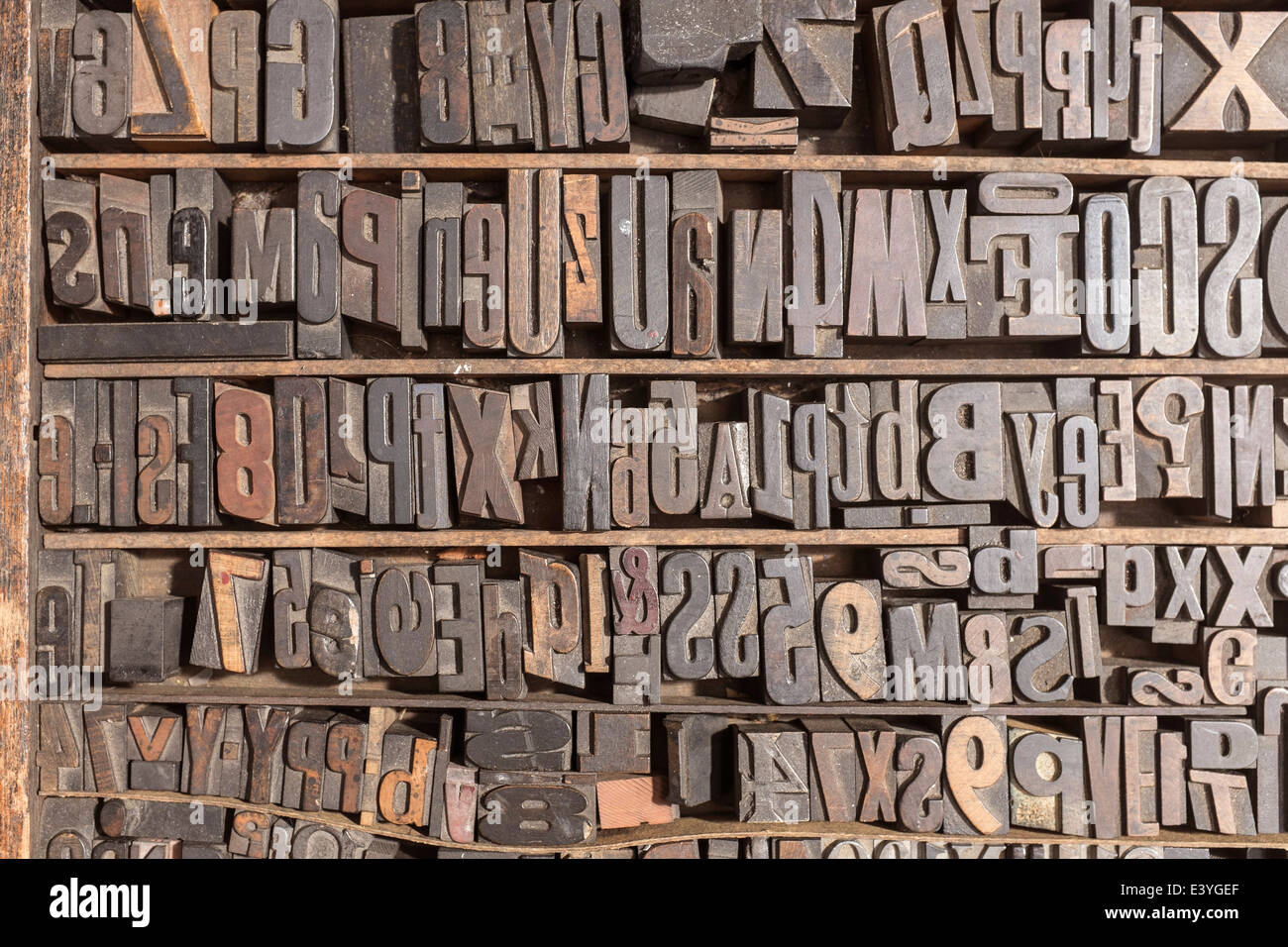 Sammlung von verschiedenen Holz-Art-Buchstaben für den Druck Stockfoto