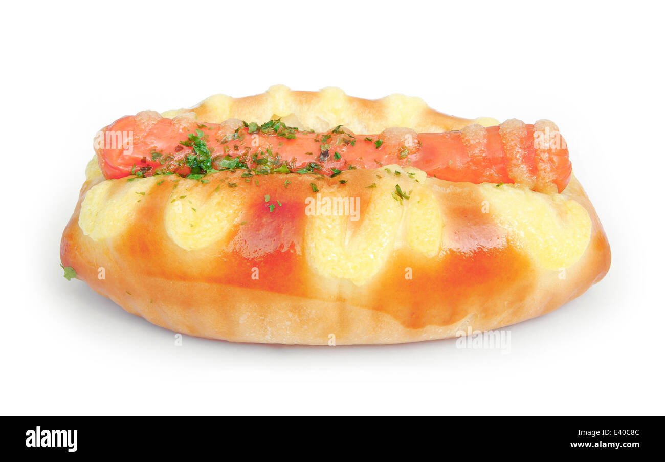 Seite-Ansicht-Hot-Dog auf weißem Hintergrund Stockfoto