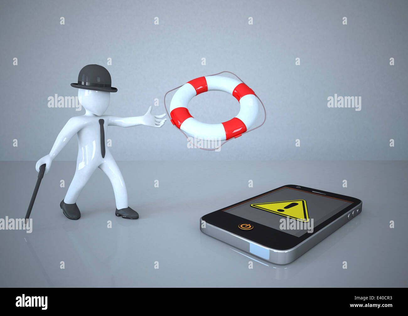 Weiße Prüfpuppe Smartphone Rettung mit Rettungsring Stockfoto