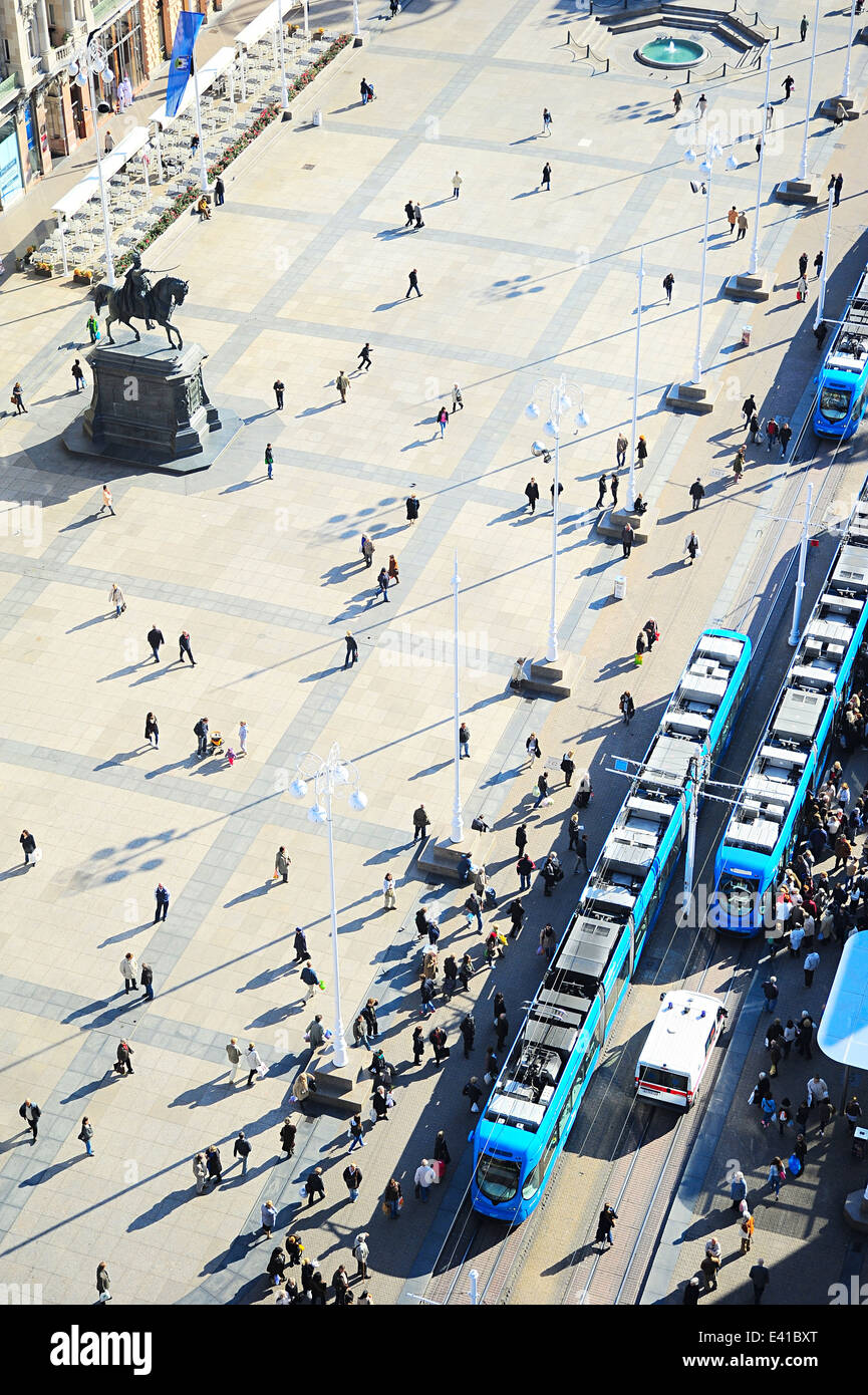 Draufsicht der Ban Jelacic Platz in Zagreb, Kroatien Stockfoto