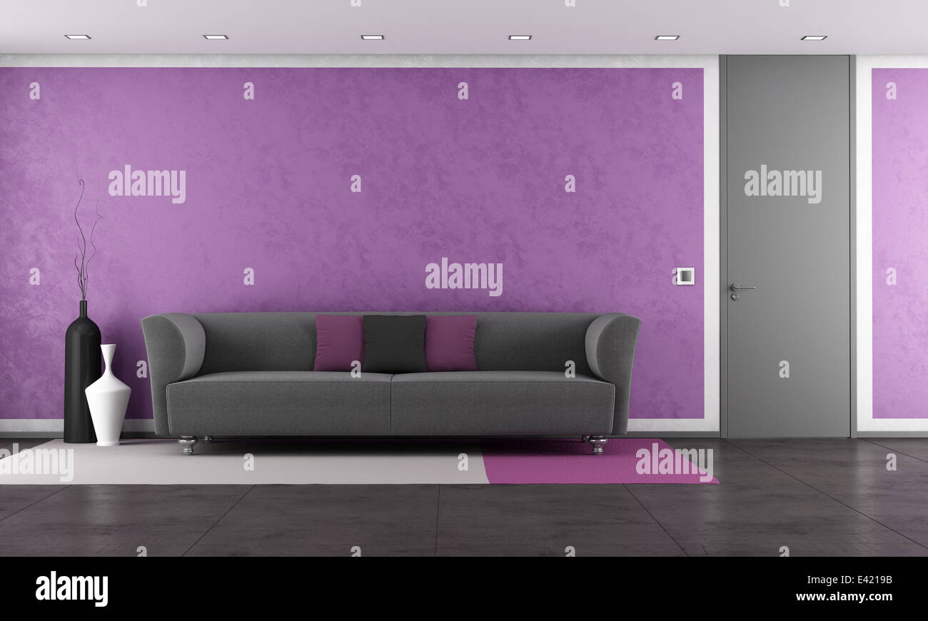 Purple Lounge mit modernen Couch und geschlossener Tür - Rendering Stockfoto