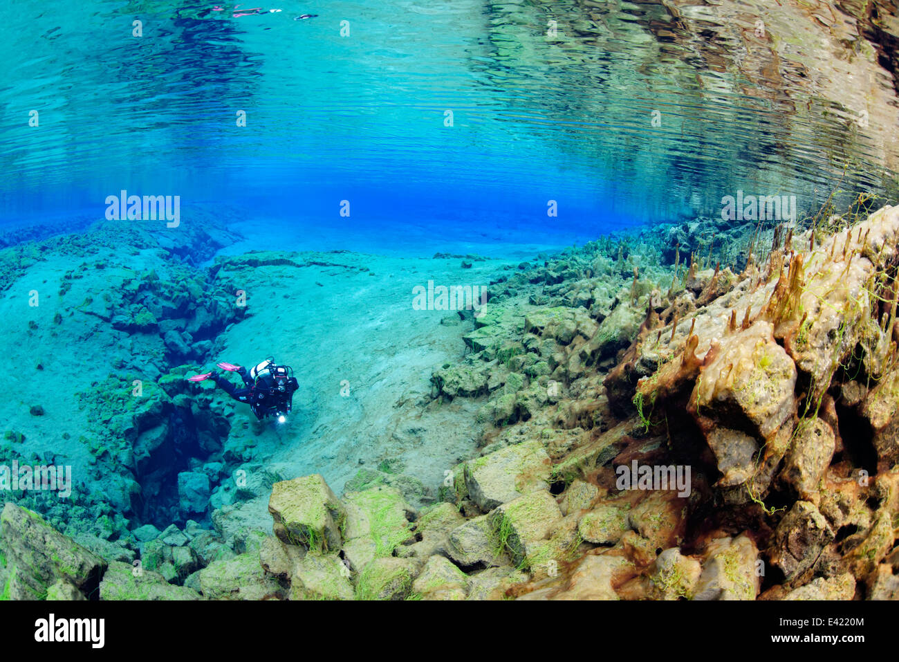Silfra, Silfra - Süßwasser Riss zwischen den Kontinenten, Lagune, Silfra, Thingvellir Nationalpark, Island Stockfoto