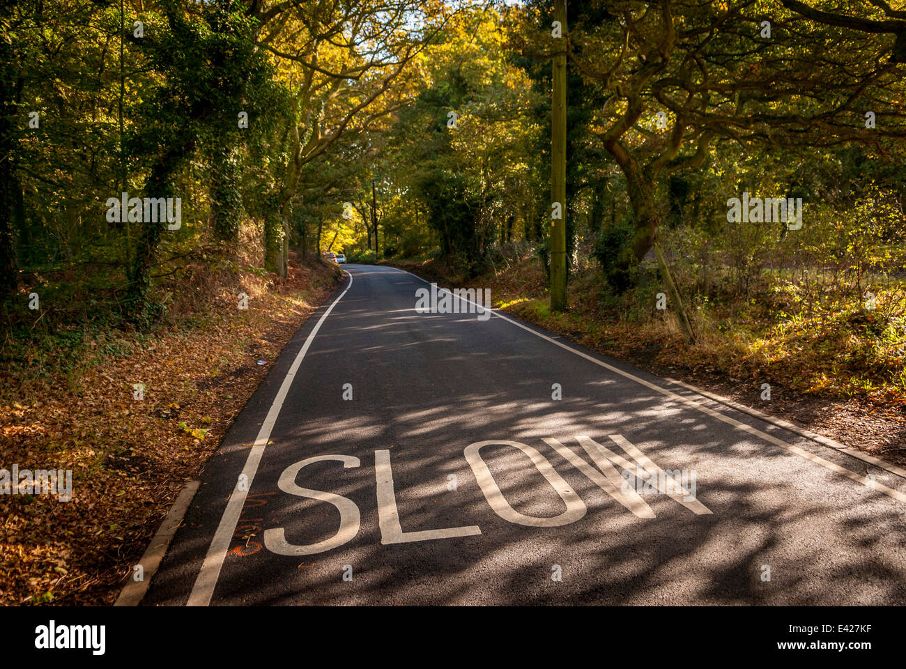 Langsame Warnschild gemalt in der Straße auf einen Feldweg. Stockfoto