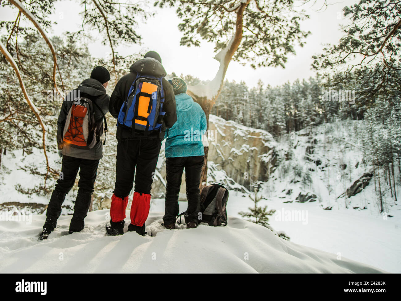 Gruppe von Freunden, die Aussicht auf Schnee bedeckt Wald, Russland Stockfoto